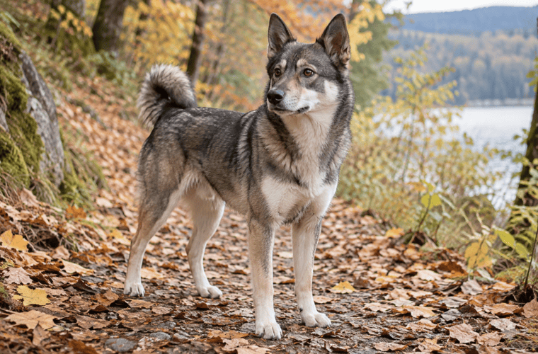 Petit chien de type nordique au pelage gris dans un chemin arboré