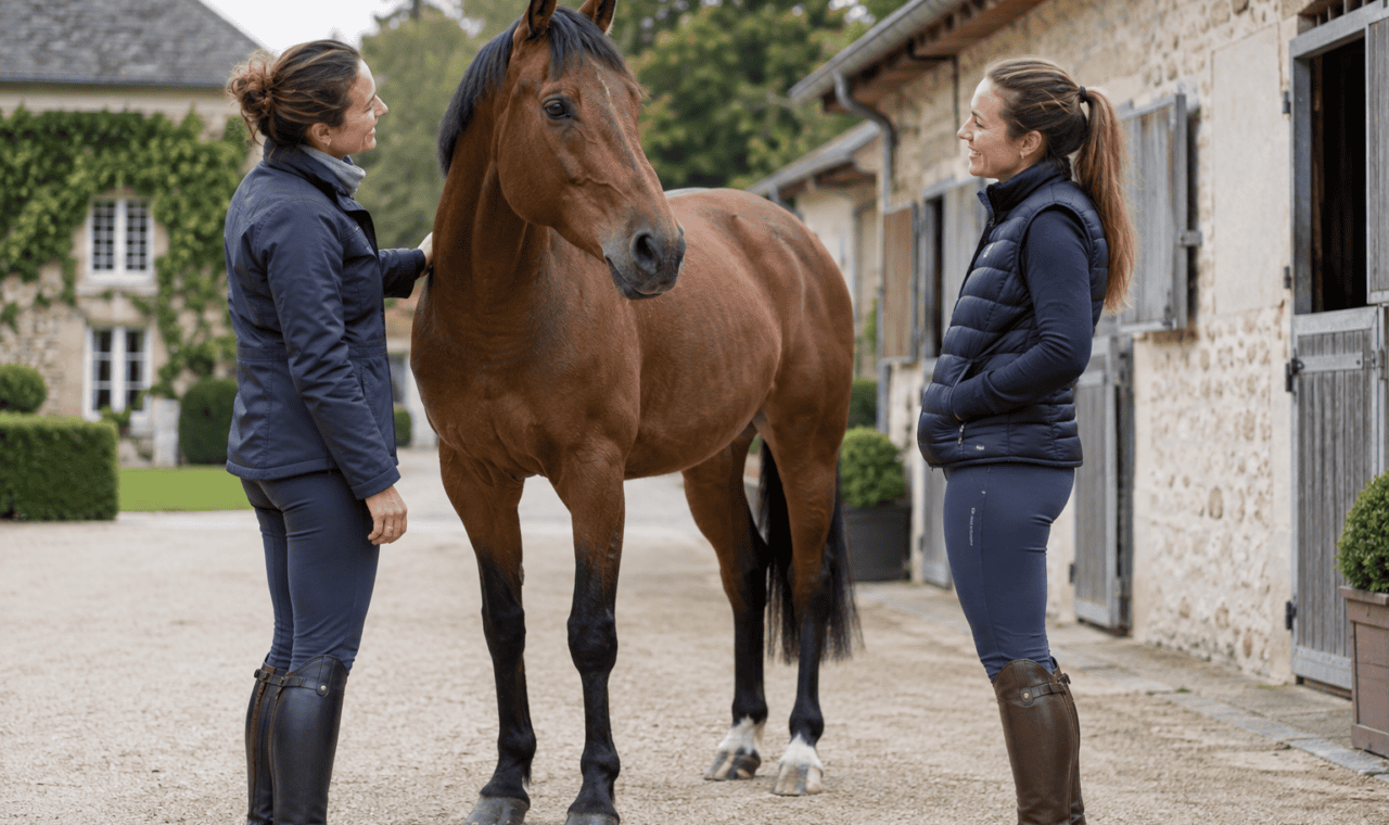 Deux cavalières auprès d’un cheval bai dans une cour d’écurie