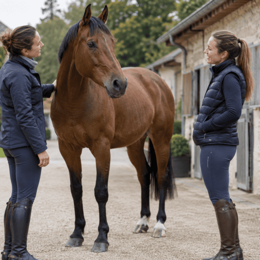 Deux cavalières auprès d’un cheval bai dans une cour d’écurie