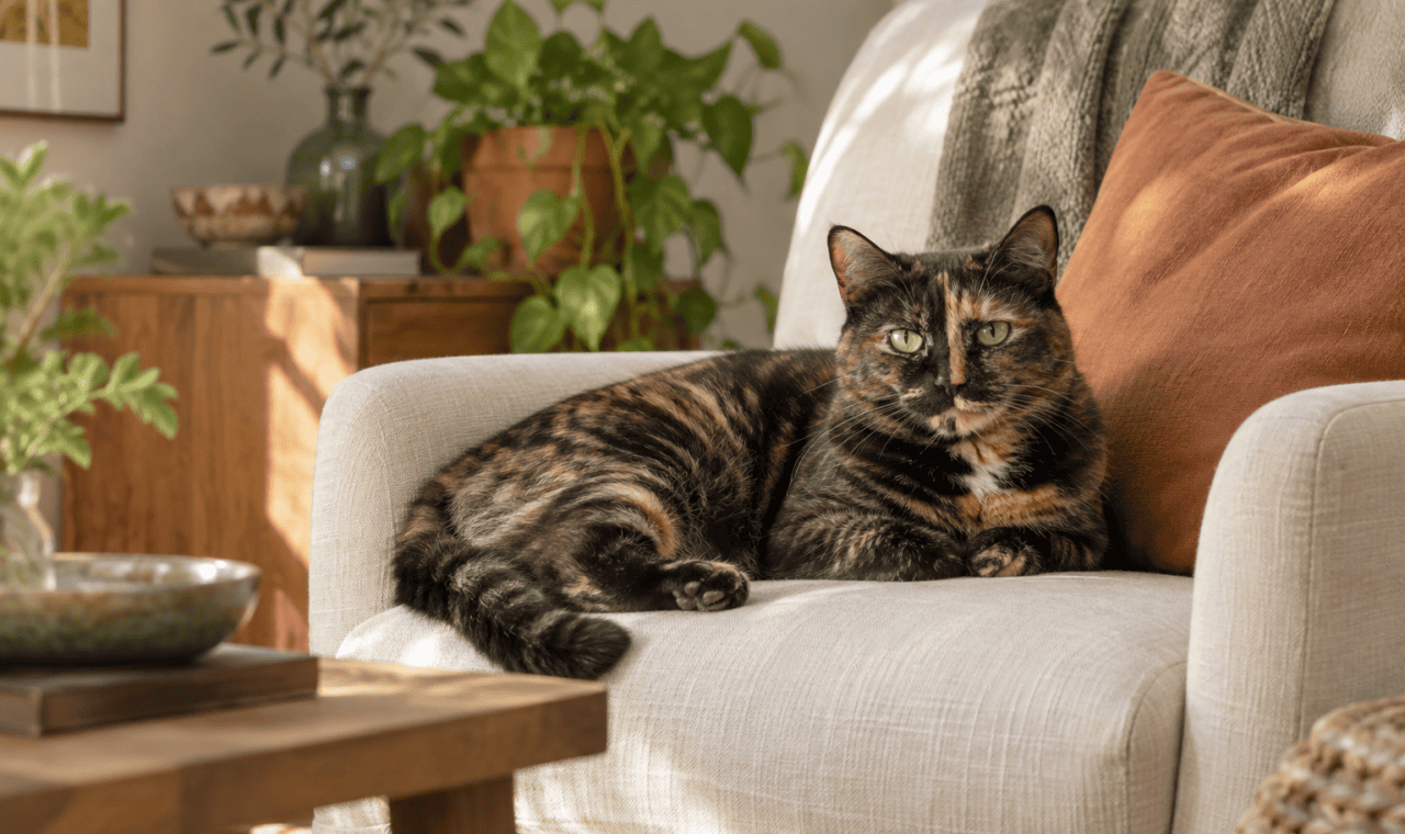Chatte écaille de tortue installée sur un fauteuil crème