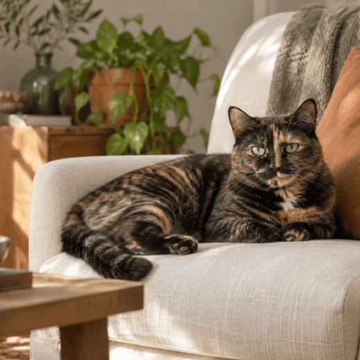 Chatte écaille de tortue installée sur un fauteuil crème