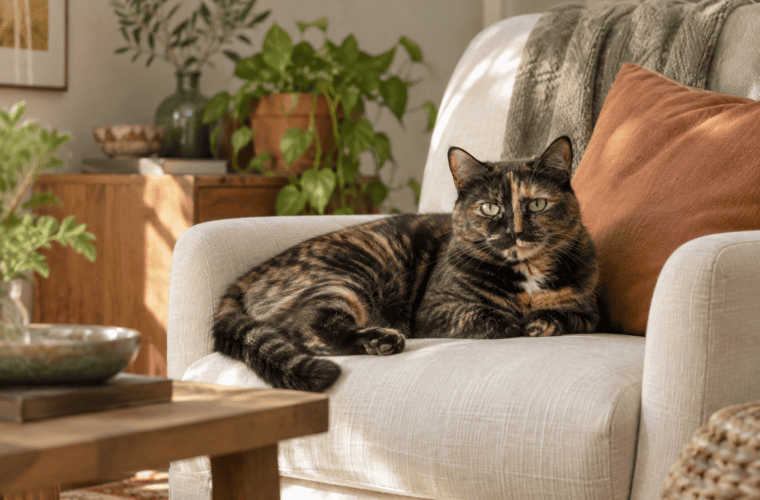 Chatte écaille de tortue installée sur un fauteuil crème