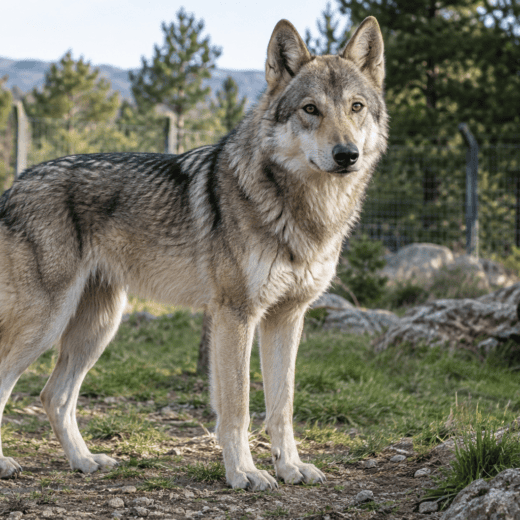 Canidé à l’apparence de loup dans un espace clôturé, illustration sans preuve d’ascendance