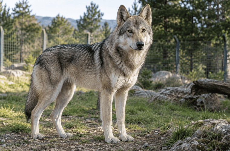 Canidé à l’apparence de loup dans un espace clôturé, illustration sans preuve d’ascendance