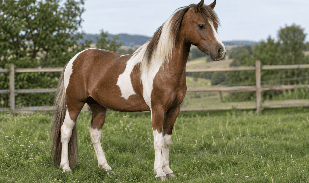 Cheval de type miniature pie dans un pré, illustration éditoriale