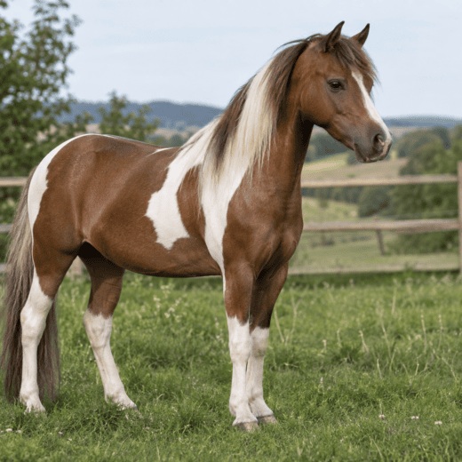 Cheval de type miniature pie dans un pré, illustration éditoriale