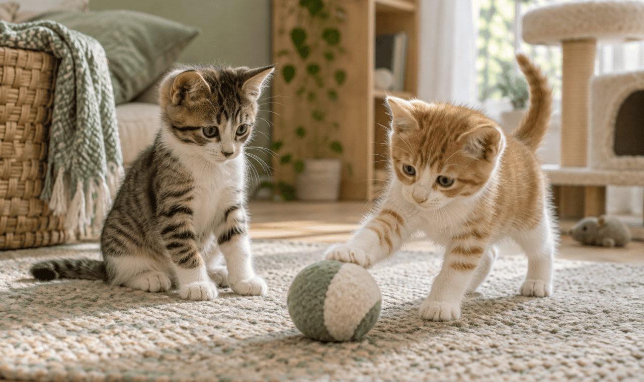 Deux chatons jouant dans un intérieur préparé pour leur accueil