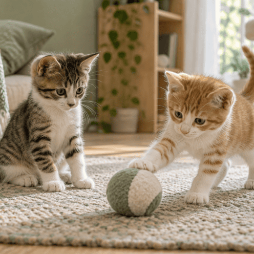 Deux chatons jouant dans un intérieur préparé pour leur accueil