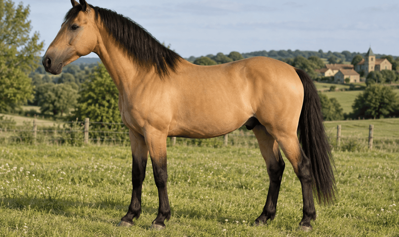 Cheval isabelle au corps doré, aux crins et aux extrémités noirs dans un pré