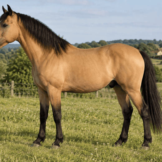 Cheval isabelle au corps doré, aux crins et aux extrémités noirs dans un pré