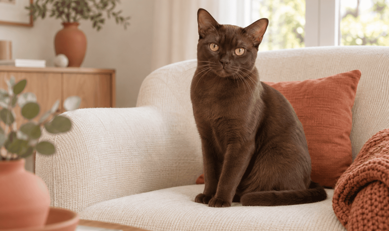 Chat à poil court brun chocolat uni sur un fauteuil crème