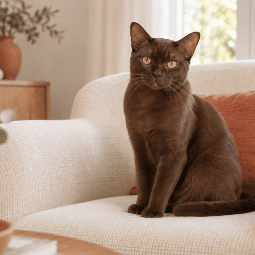 Chat à poil court brun chocolat uni sur un fauteuil crème