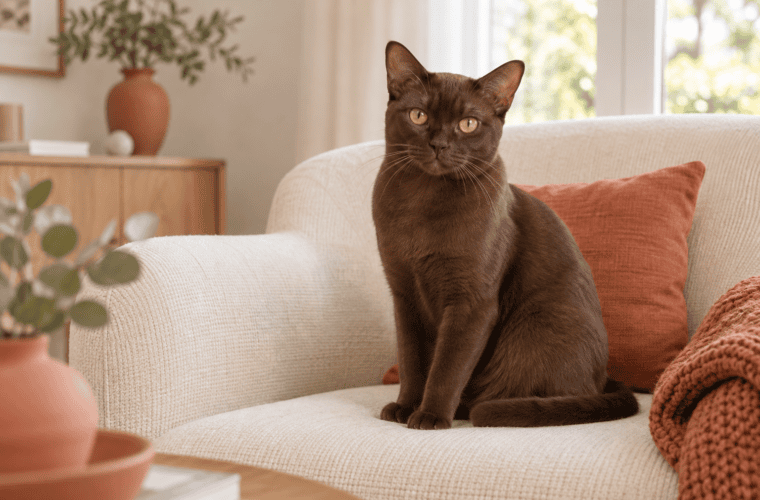 Chat à poil court brun chocolat uni sur un fauteuil crème
