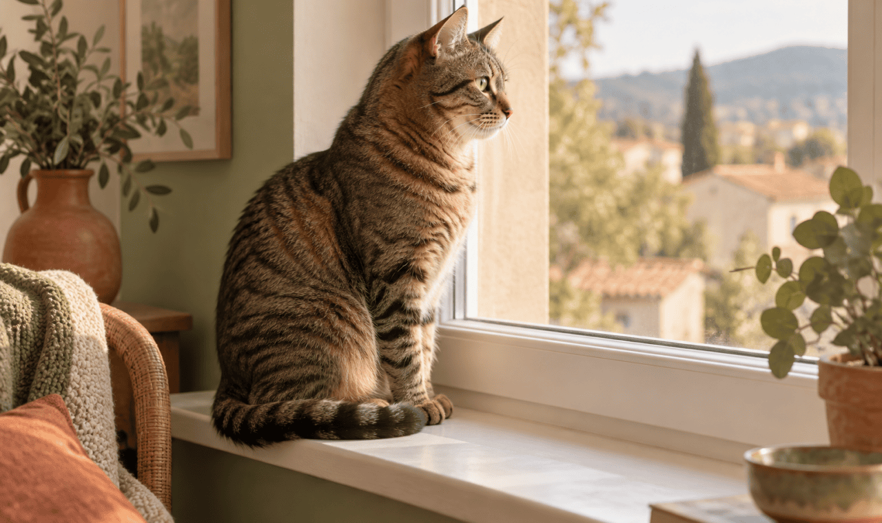 Chat tigré brun aux rayures visibles près d’une fenêtre fermée