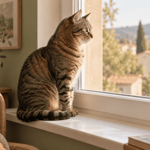 Chat tigré brun aux rayures visibles près d’une fenêtre fermée