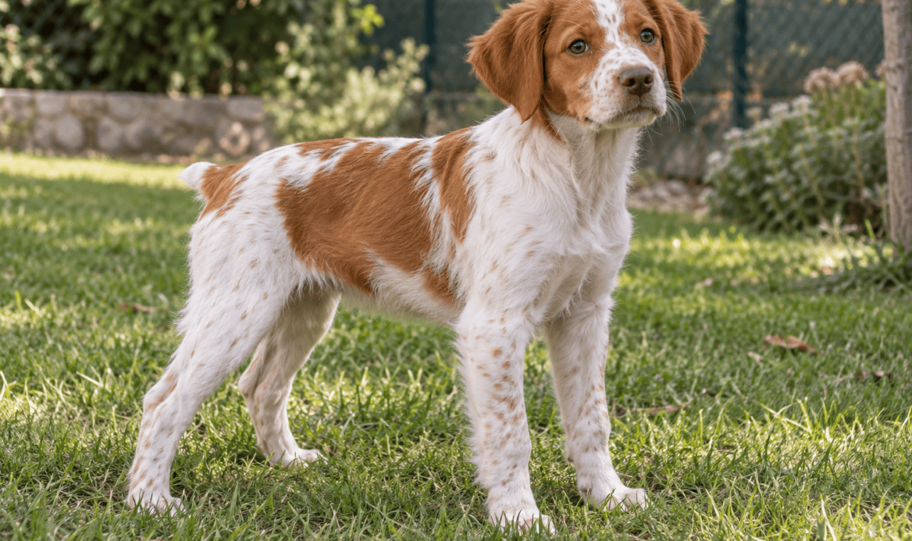 Chiot épagneul breton blanc et orange dans un jardin clos