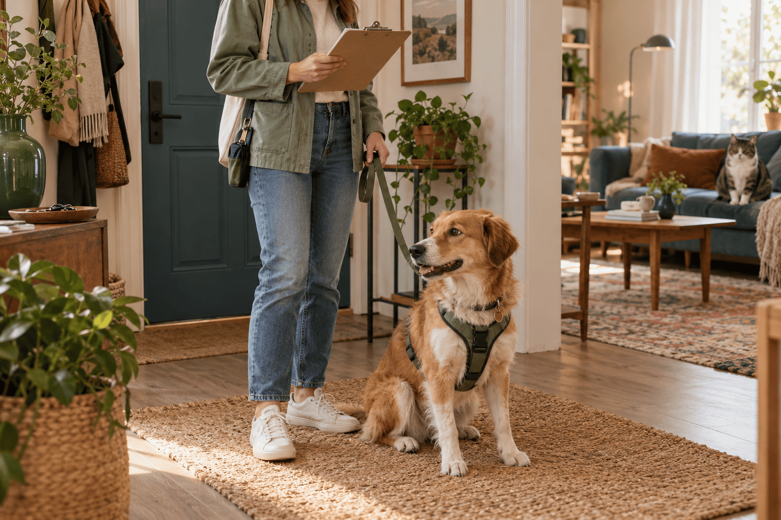 Illustration d’une pet-sitter préparant sa visite, avec un chien en harnais et un chat en arrière-plan