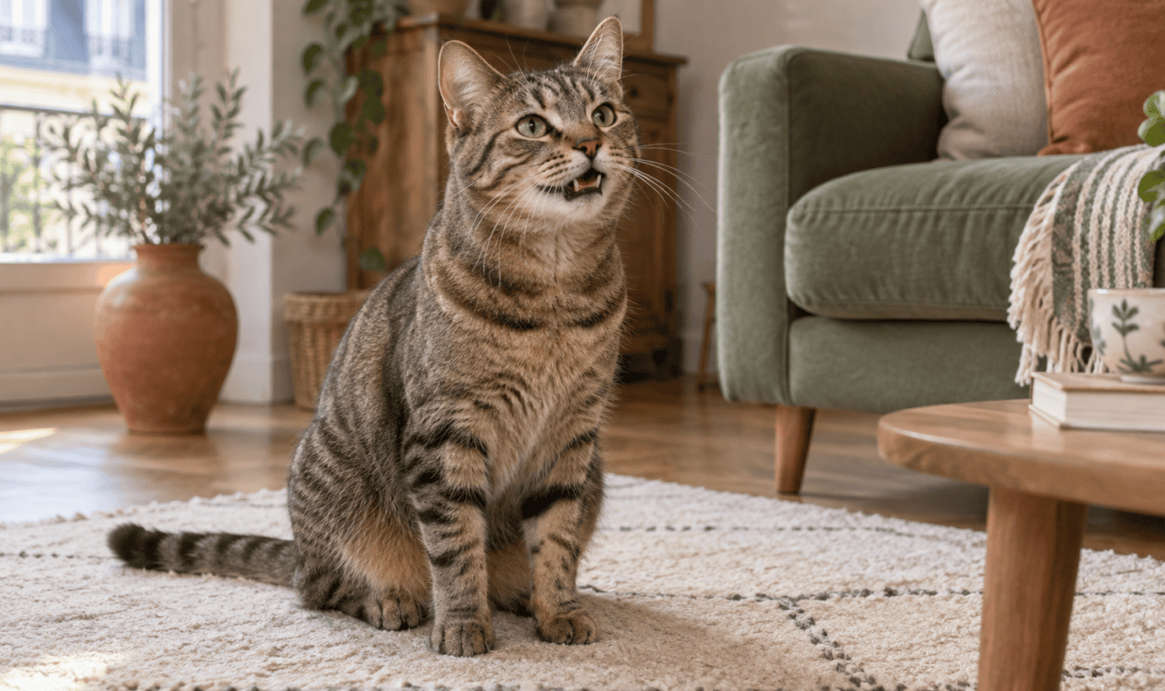 Chat tigré assis dans un salon, la bouche légèrement ouverte
