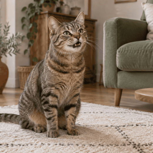Chat tigré assis dans un salon, la bouche légèrement ouverte