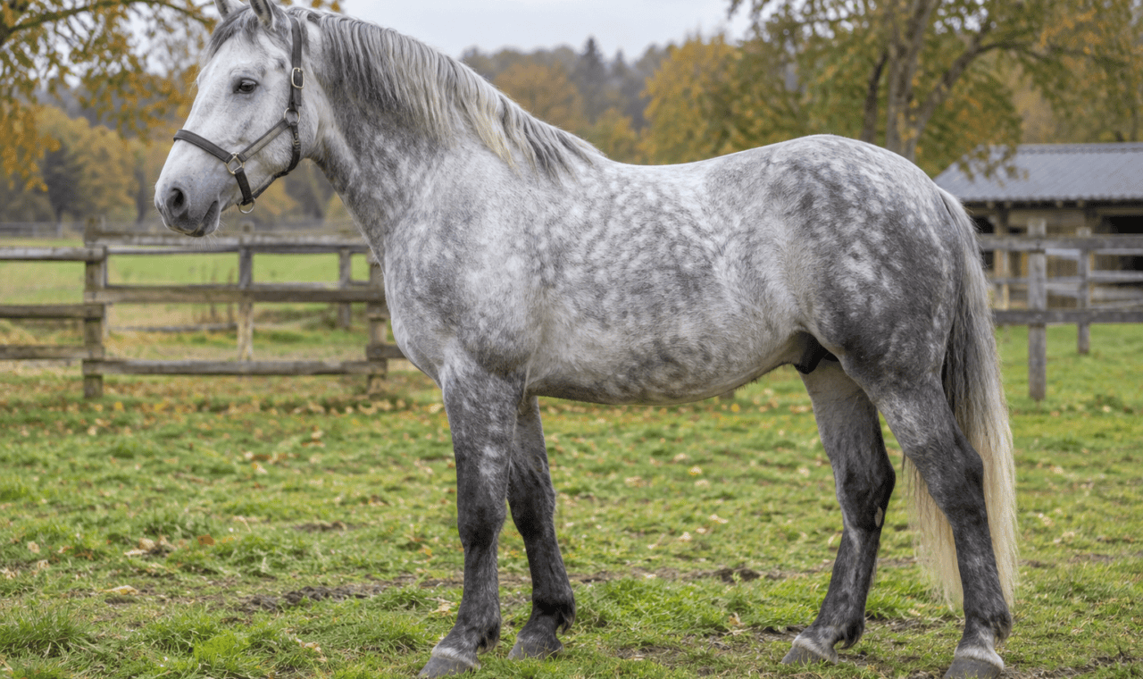 Grand poney gris présenté de profil dans un paddock