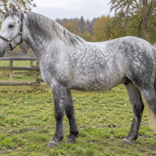 Grand poney gris présenté de profil dans un paddock