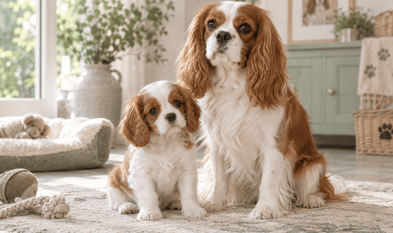 Cavalier King Charles adulte et chiot dans un intérieur lumineux