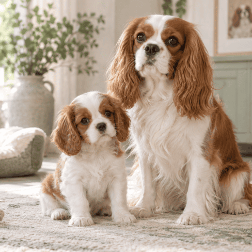 Cavalier King Charles adulte et chiot dans un intérieur lumineux