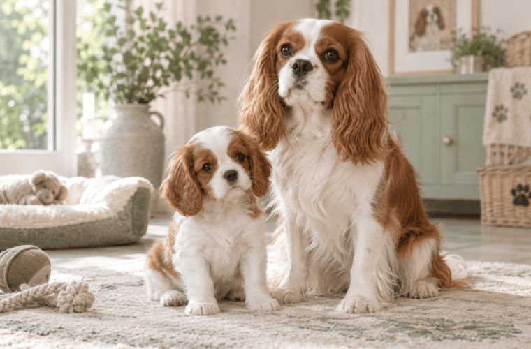 Cavalier King Charles adulte et chiot dans un intérieur lumineux