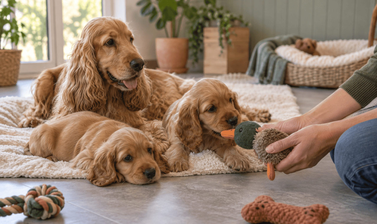 Cocker anglais adulte et chiots dans un espace de vie calme