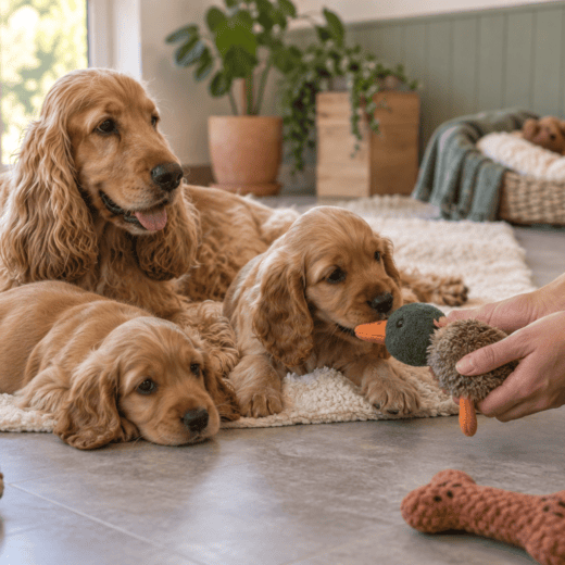 Cocker anglais adulte et chiots dans un espace de vie calme