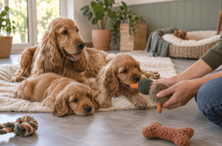 Cocker anglais adulte et chiots dans un espace de vie calme