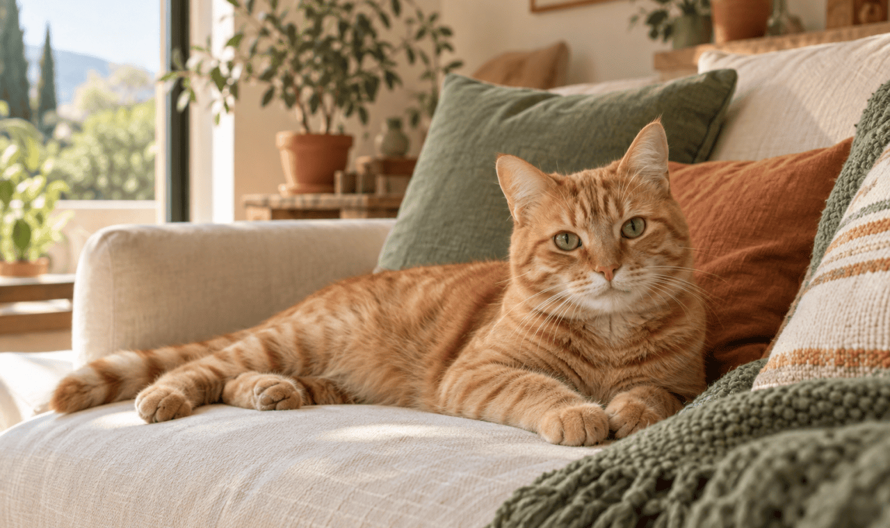Chat roux assis dans un salon lumineux