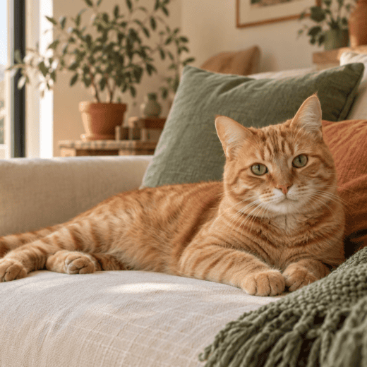 Chat roux assis dans un salon lumineux