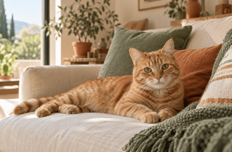 Chat roux assis dans un salon lumineux